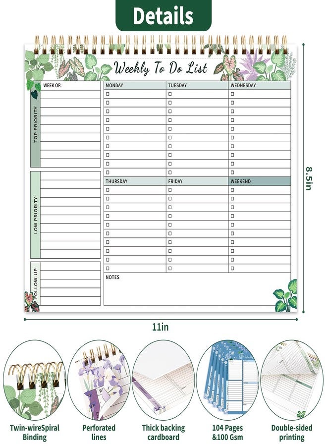 ALKALO 104 Pgs Weekly To Do List Notepad, 52 Duplex-Printed Undated Sheets 100 GSM（8.5"×11") Weekly Desk Planner For Work Home School Office Desk Accessories Supplies & Goal Setting Tasks - Green Foliage - Image 3