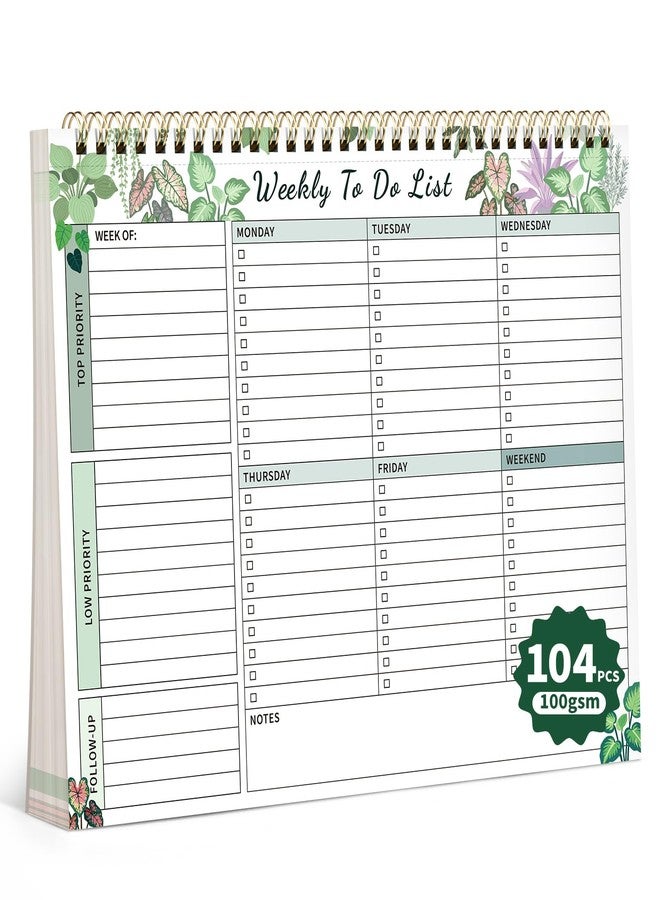 ALKALO 104 Pgs Weekly To Do List Notepad, 52 Duplex-Printed Undated Sheets 100 GSM（8.5"×11") Weekly Desk Planner For Work Home School Office Desk Accessories Supplies & Goal Setting Tasks - Green Foliage - Image 1