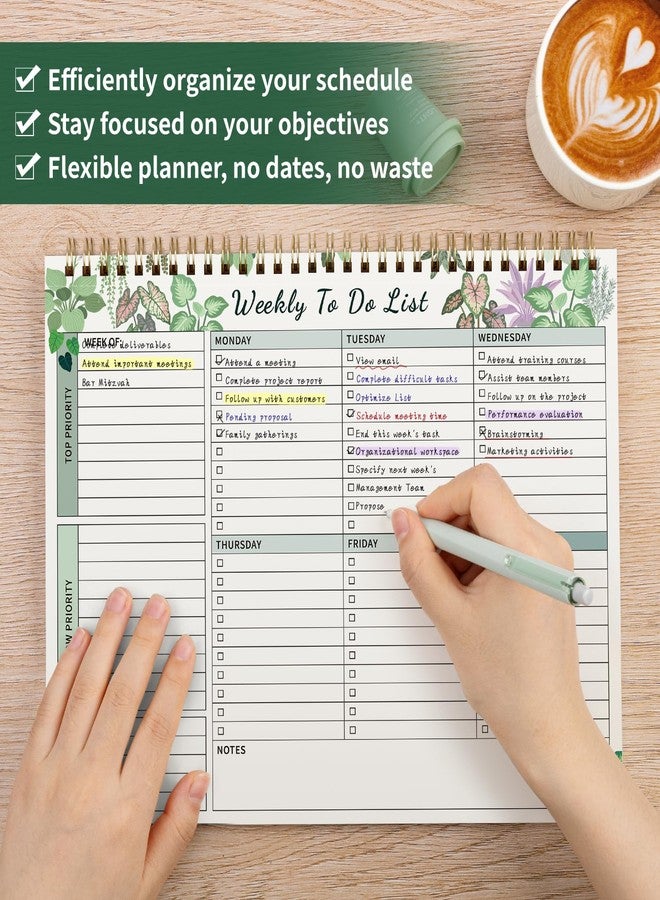 ALKALO 104 Pgs Weekly To Do List Notepad, 52 Duplex-Printed Undated Sheets 100 GSM（8.5"×11") Weekly Desk Planner For Work Home School Office Desk Accessories Supplies & Goal Setting Tasks - Green Foliage - Image 4