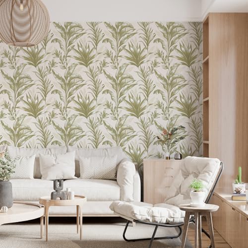 VaryStyle Tropical Palm Tree Wallpaper Beige Jungle Palm Leaf Peel and Stick Wallpaper for Bedroom Bathroom Waterproof Vinyl Removable Beige Leaves Contact Paper for Cabinets Walls Shelf 17.7"x118" - Image 2