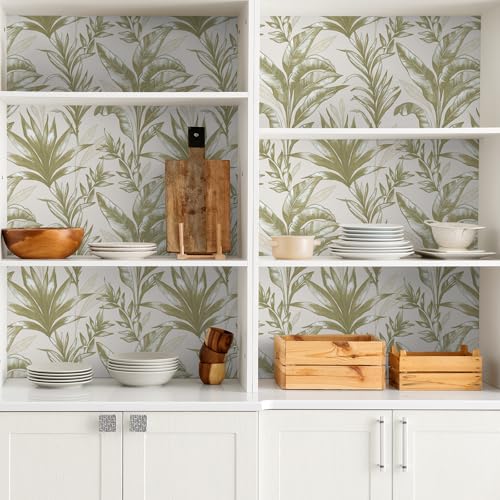 VaryStyle Tropical Palm Tree Wallpaper Beige Jungle Palm Leaf Peel and Stick Wallpaper for Bedroom Bathroom Waterproof Vinyl Removable Beige Leaves Contact Paper for Cabinets Walls Shelf 17.7"x118" - Image 3