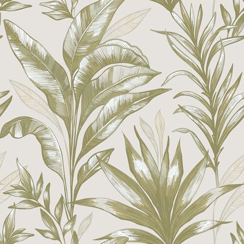 VaryStyle Tropical Palm Tree Wallpaper Beige Jungle Palm Leaf Peel and Stick Wallpaper for Bedroom Bathroom Waterproof Vinyl Removable Beige Leaves Contact Paper for Cabinets Walls Shelf 17.7"x118" - Image 1