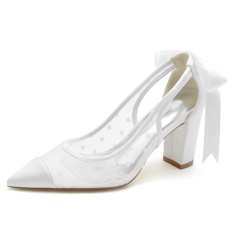 2025 Women'S Thick Heel Pointed Toe Hollow Ribbon Wedding Shoes Bridal Shoes Bridesmaid Shoes 2014-111 - Image 2