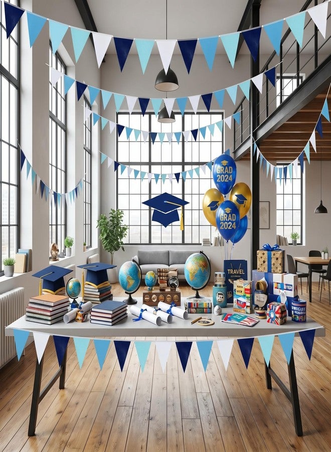 Hysilla 64ft Blue Light Blue White Triangle Pennant Banner Flag Metallic Paper Bunting Garland for Hanging Backdrop Birthday Decorations Graduation Nautical Ahoy Achor Bridal Airplane Marine Party Supplies - Image 2