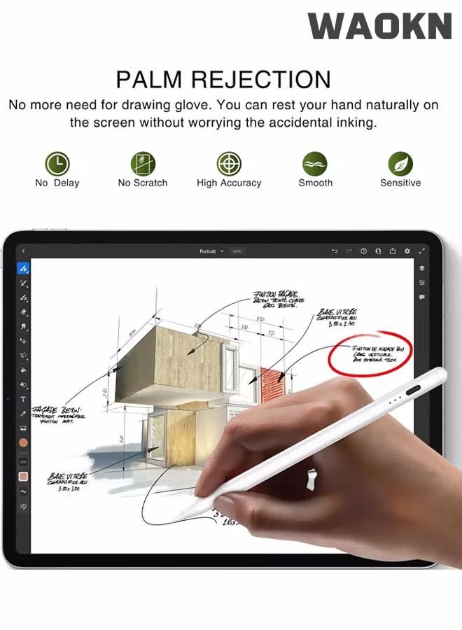 WAOKN Stylus Pen for iPad With Palm Rejection Function, Active Pencil Compatible (2018-2022) Apple IPad Pro 11/12.9 Inches, IPad 10/9/8/7/6th Generation, iPad Air 5/4/3 Generation, IPad Mini 6/fifth generat,With Fast Charging & Palm Rejection For Apple iPad 2018 and Later White - Image 3