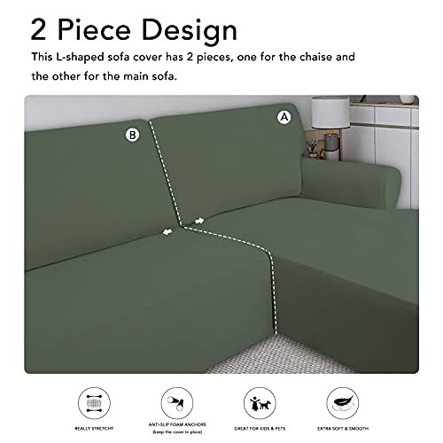 PureFit Super Stretch Sectional Couch Covers - 2 pcs Spandex Non Slip Sofa Covers with Elastic Bottom for L Shape Sectional Sofa, Great for Kids & Pets (3 Seat Sofa + 3 Seat Chaise, Greyish Green) - Image 5