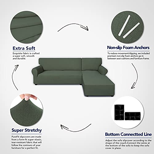 PureFit Super Stretch Sectional Couch Covers - 2 pcs Spandex Non Slip Sofa Covers with Elastic Bottom for L Shape Sectional Sofa, Great for Kids & Pets (3 Seat Sofa + 3 Seat Chaise, Greyish Green) - Image 3