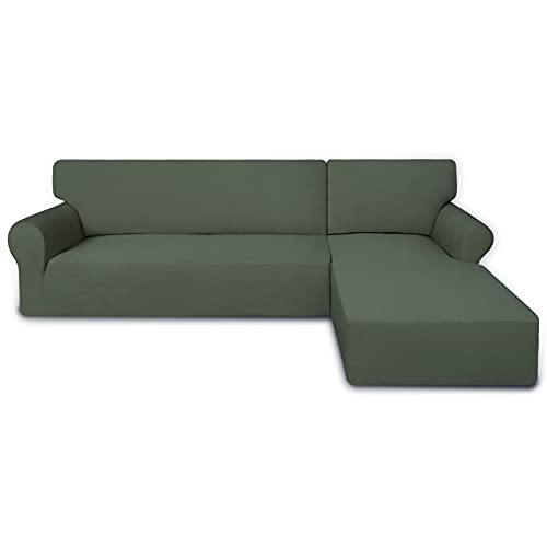 PureFit Super Stretch Sectional Couch Covers - 2 pcs Spandex Non Slip Sofa Covers with Elastic Bottom for L Shape Sectional Sofa, Great for Kids & Pets (3 Seat Sofa + 3 Seat Chaise, Greyish Green) - Image 1