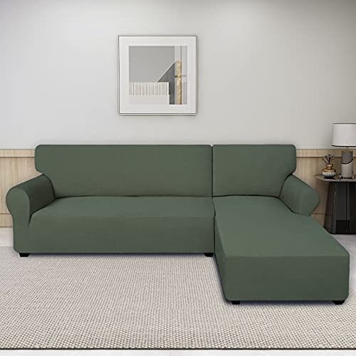 PureFit Super Stretch Sectional Couch Covers - 2 pcs Spandex Non Slip Sofa Covers with Elastic Bottom for L Shape Sectional Sofa, Great for Kids & Pets (3 Seat Sofa + 3 Seat Chaise, Greyish Green) - Image 2