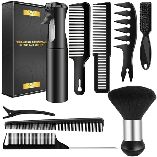DUAIU 9Pcs Hair Comb Set, Professional Barber Combs for Hair Cutting and Styling - Premium Grade Hair Spray Bottle Neck Duster Barber Brush Set, Taper Texture Clipper Comb Tools for Men Boys - Image 1