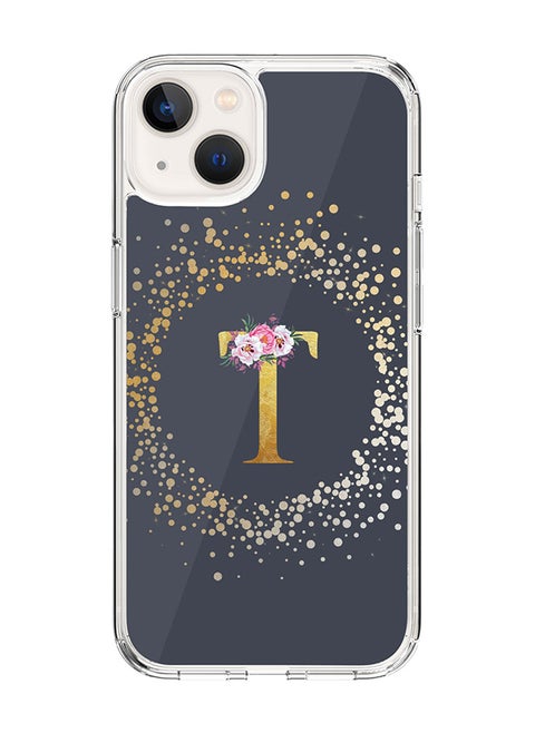 Classic Clear Case For iPhone 14, Hybrid Soft Case Flexible Edges Thin Cover- Custom Monogram Initial Letter Floral Pattern Alphabet - T (Grey)