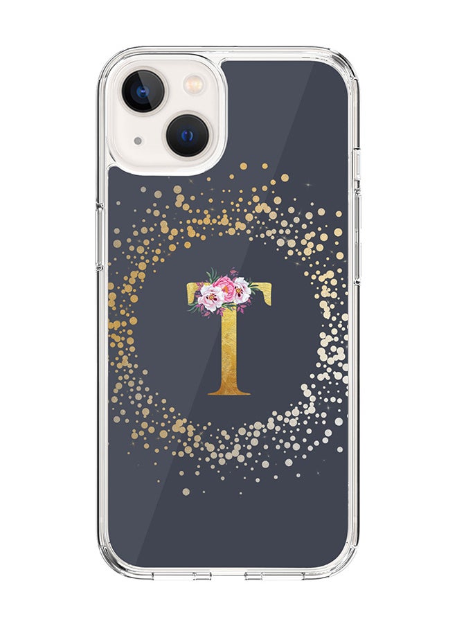 Classic Clear Case For iPhone 14, Hybrid Soft Case Flexible Edges Thin Cover- Custom Monogram Initial Letter Floral Pattern Alphabet - T (Grey)