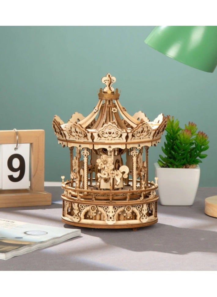 روكر أحجية خشبية ثلاثية الأبعاد - مجموعة نماذج بناء لتركيب صندوق موسيقي دوّار على شكل دائريّة الخيول (المعروفة بـ Romantic Carousel) - Image 1