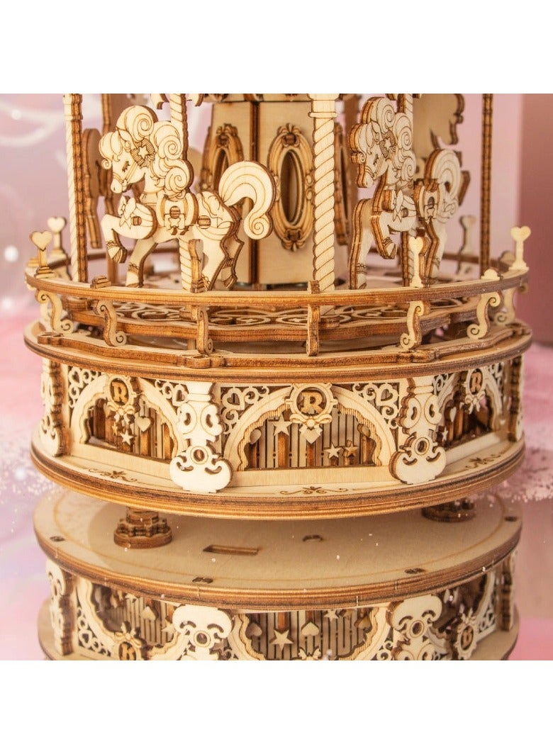 روكر أحجية خشبية ثلاثية الأبعاد - مجموعة نماذج بناء لتركيب صندوق موسيقي دوّار على شكل دائريّة الخيول (المعروفة بـ Romantic Carousel) - Image 3