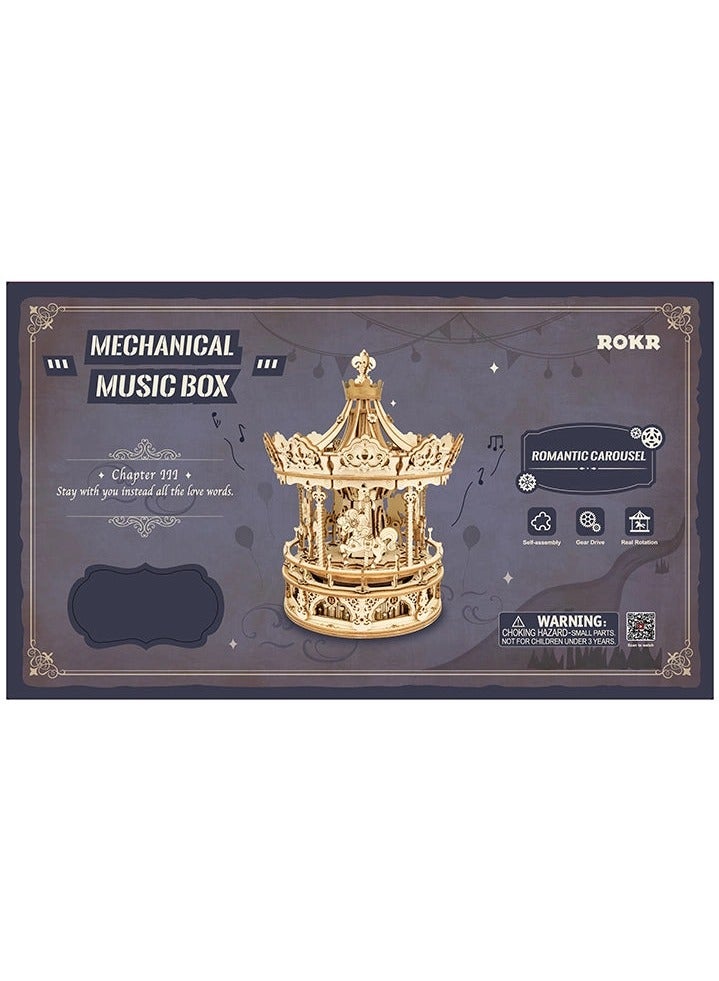 روكر أحجية خشبية ثلاثية الأبعاد - مجموعة نماذج بناء لتركيب صندوق موسيقي دوّار على شكل دائريّة الخيول (المعروفة بـ Romantic Carousel) - Image 4