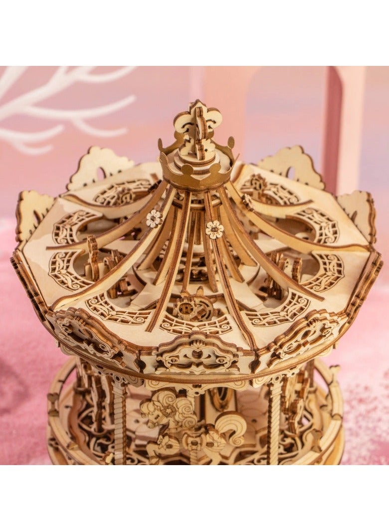 روكر أحجية خشبية ثلاثية الأبعاد - مجموعة نماذج بناء لتركيب صندوق موسيقي دوّار على شكل دائريّة الخيول (المعروفة بـ Romantic Carousel) - Image 2
