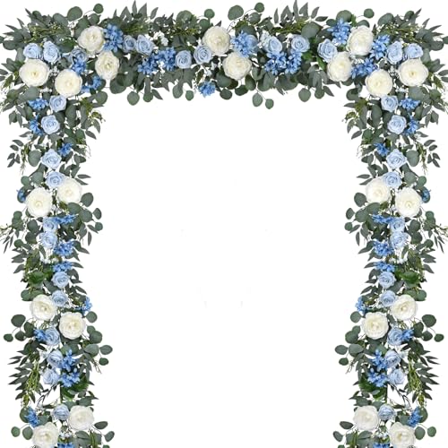 DearHouse 2Pcs Artificial Peony Flower Garland and - Silk Peony Garland with Flowers and Eucalyptus for Wedding Party Table Decoration,6ft/Strand (Blue) - Image 1