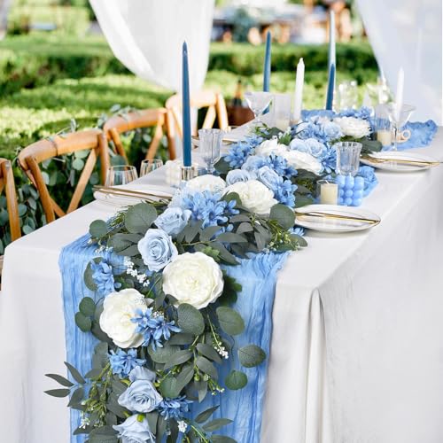 DearHouse 2Pcs Artificial Peony Flower Garland and - Silk Peony Garland with Flowers and Eucalyptus for Wedding Party Table Decoration,6ft/Strand (Blue) - Image 2