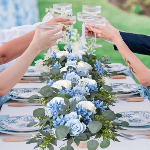DearHouse 2Pcs Artificial Peony Flower Garland and - Silk Peony Garland with Flowers and Eucalyptus for Wedding Party Table Decoration,6ft/Strand (Blue) - Image 5