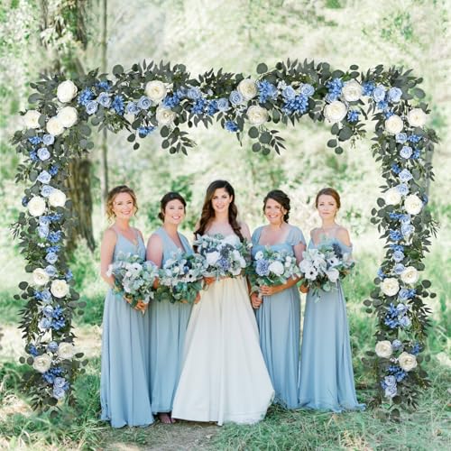 DearHouse 2Pcs Artificial Peony Flower Garland and - Silk Peony Garland with Flowers and Eucalyptus for Wedding Party Table Decoration,6ft/Strand (Blue) - Image 3