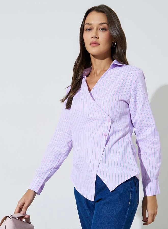 Styli Pink Striped Long Sleeves Wrap Top