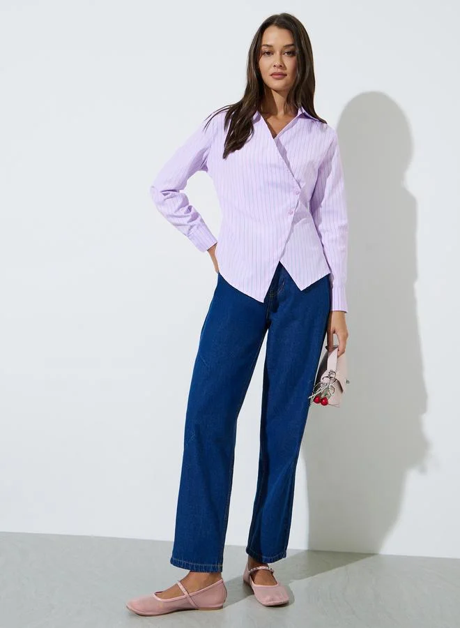 Styli Pink Striped Long Sleeves Wrap Top