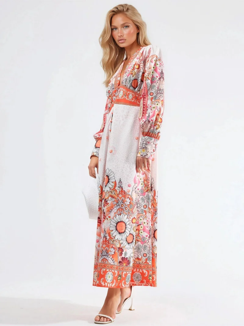 جينيفر Floral Maxi Dress with Paneled Design