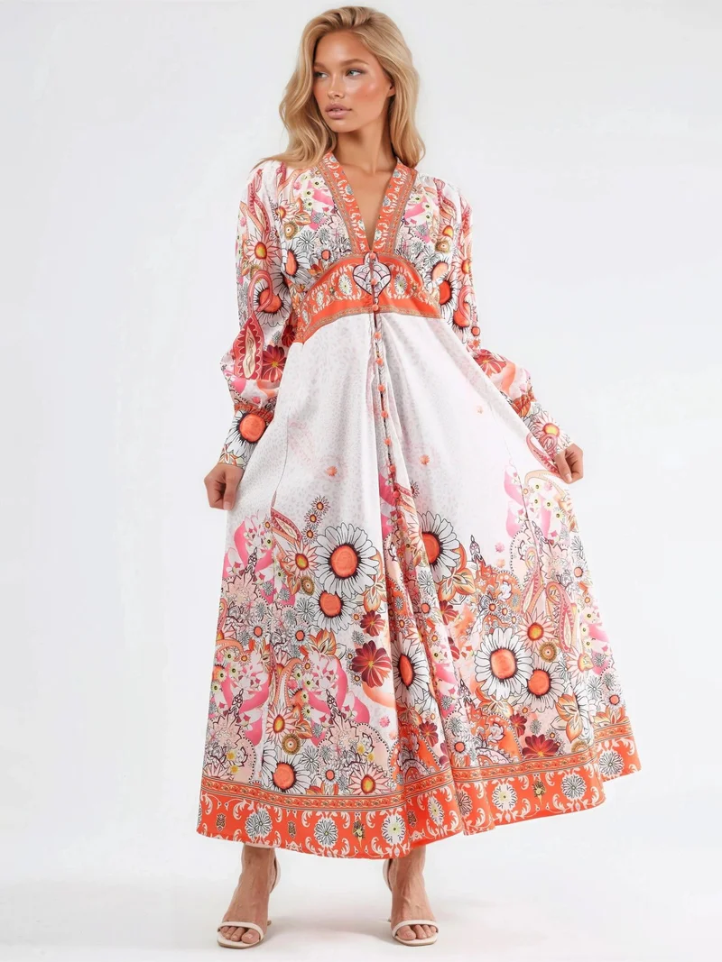 جينيفر Floral Maxi Dress with Paneled Design