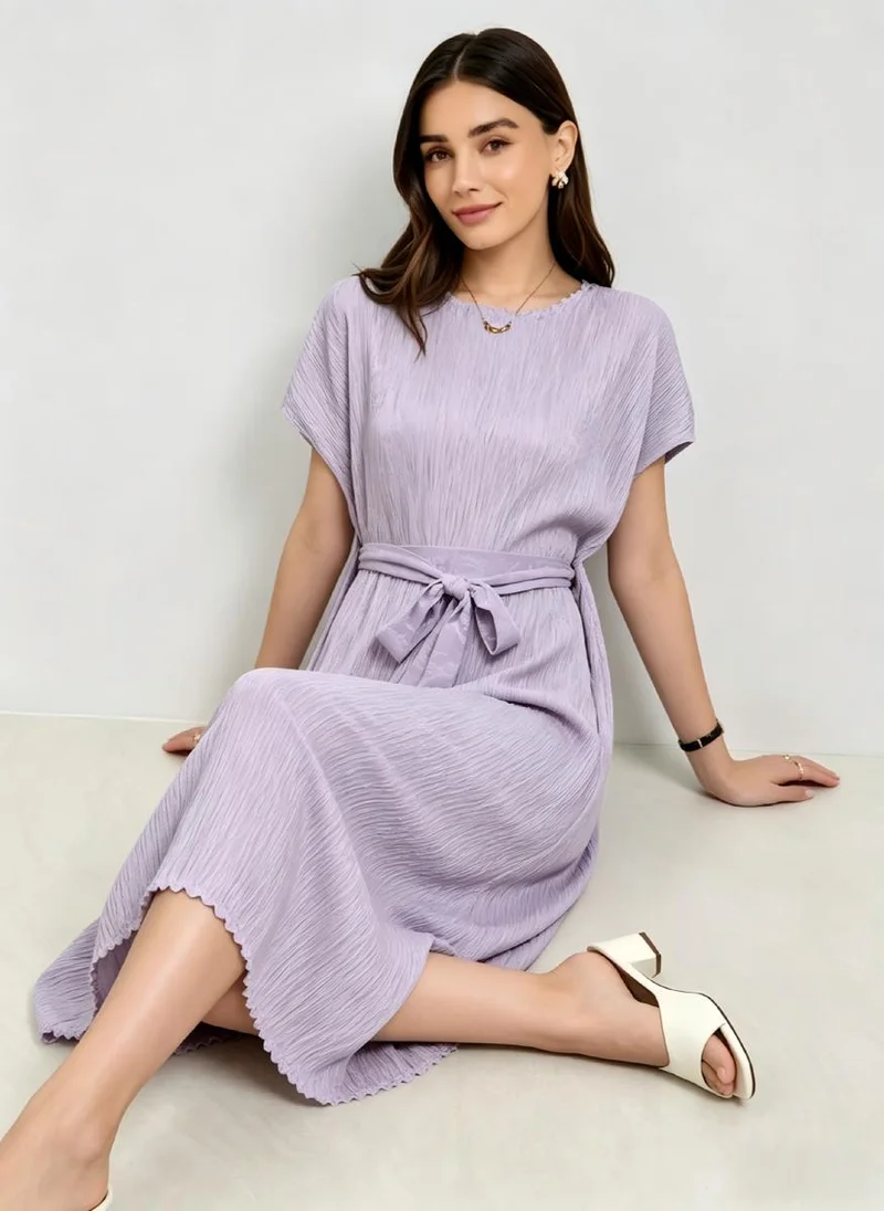 Take Two Lilac Solid Tie-Up Detail Short Cap Sleeves Midi Dress