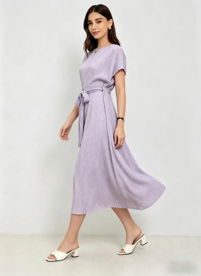 Take Two Lilac Solid Tie-Up Detail Short Cap Sleeves Midi Dress