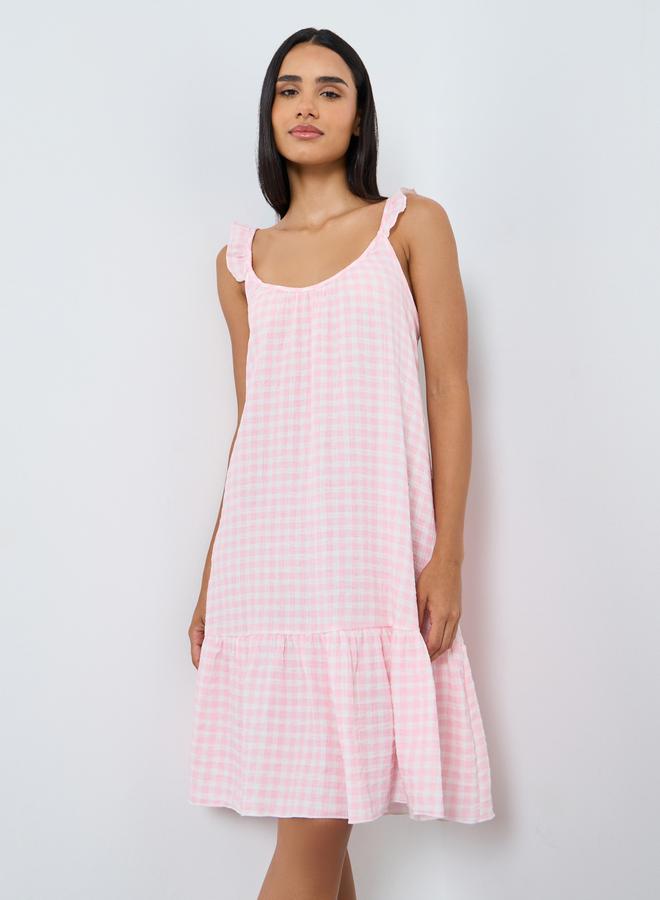 Styli Cotton Gauze Gingham Ruffled Slip Dress - Image 1