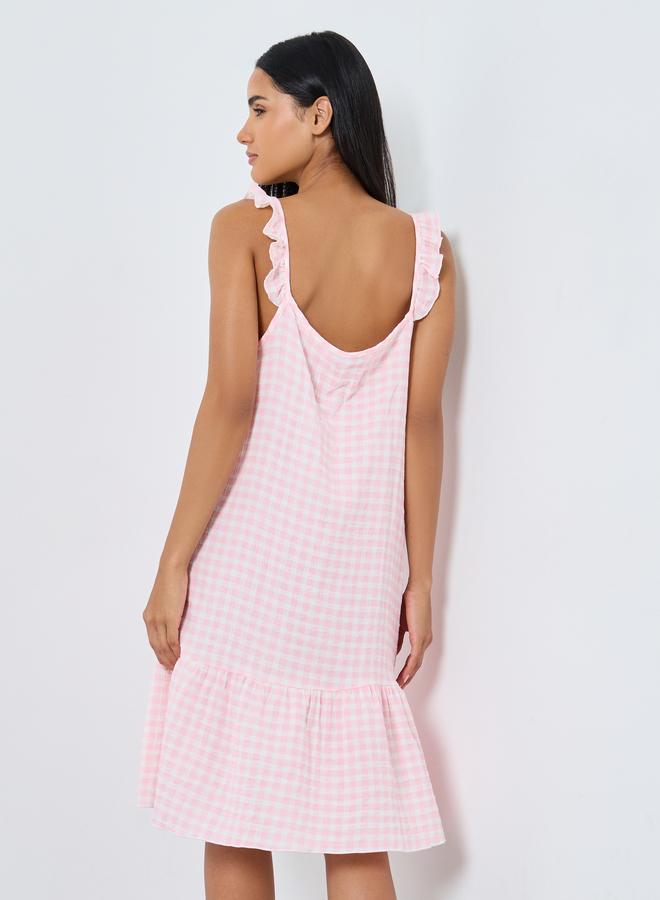 Styli Cotton Gauze Gingham Ruffled Slip Dress - Image 4