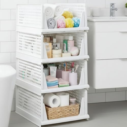 mechdel Stackable and Foldable Wardrobe Storage Basket BIG SIZE- (White, 4) - Image 1