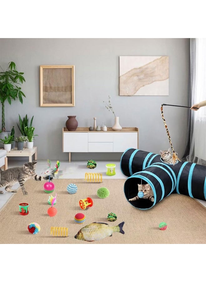 ECVV - Cat Toys Set 30 Pcs, Cat Interactive Toys For All Cats, Kitten Collapsible Play Tunnel Tube Teaser Wand Bell Furry Ball Springs Mouse Catnip Fish For Kitty Puppy - Image 1