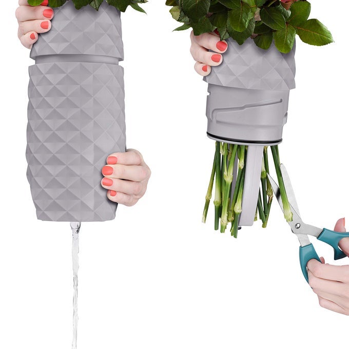 THE AMARANTH VASE UNIQUE DESIGN FOR EASY WATER DRAINING AND STEM ACCESS IMPACT RESISTANT PLASTIC AND MARBLE BLEND THE SMART VASE FOR FLORAL ARRANGEMENTS COOL GREY