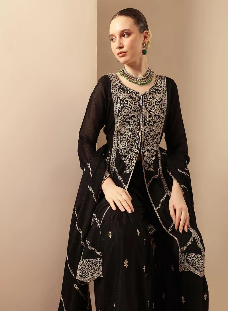 آي شين Black Poly Embroidered Flared A-Line Tunic & Full Length Palazzo Kurta Set For Women