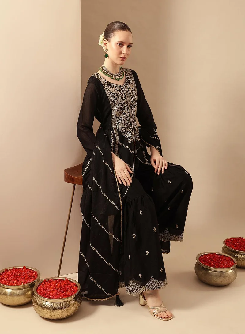 آي شين Black Poly Embroidered Flared A-Line Tunic & Full Length Palazzo Kurta Set For Women