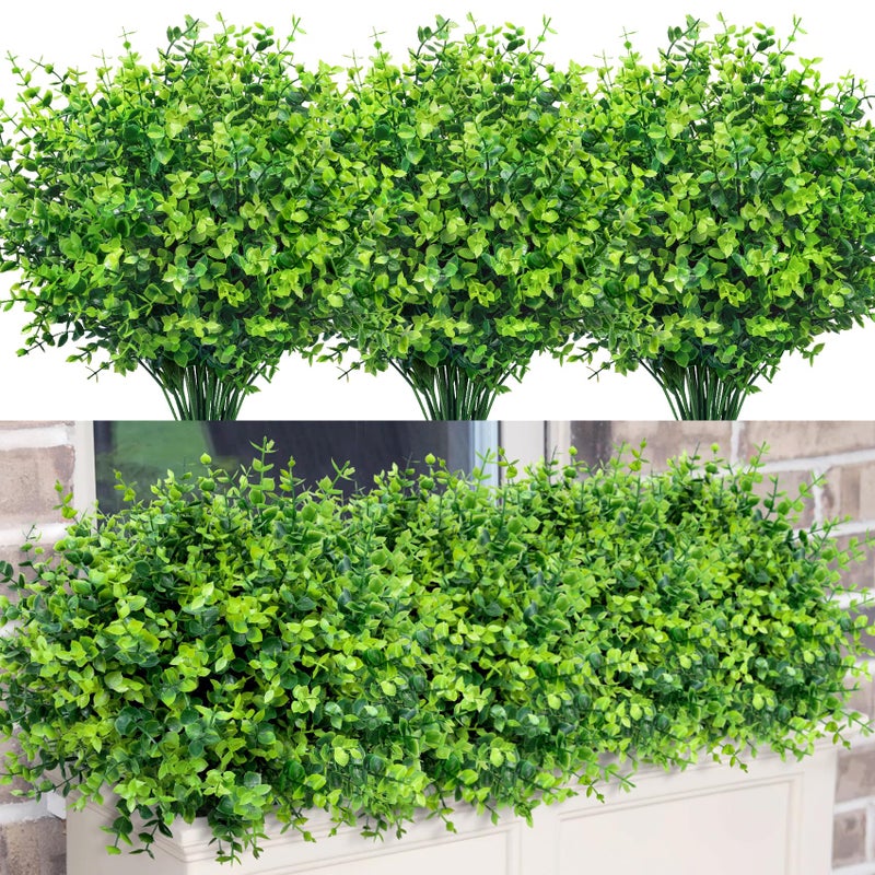 Bassion 24 Bundles Greenery Artificial Plants Outdoors, Eucalyptus Stems UV Resistant Fake Foliage Plants Faux Boxwood Shrubs Indoor Decorations Artificial Flowers for Garden Pot Porch Fence Hanging Planter - Image 1