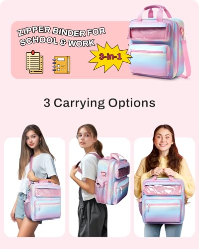 Arcoyard Zipper Binder 3 Ring with Ita Window, 3 Inch Binder with Zipper D-Ring Fits 14 in Laptop, 3-in-1 Shoulder/Backpack/Handle 600 Sheets Capacity for School & Office – Pink Blue - Image 4