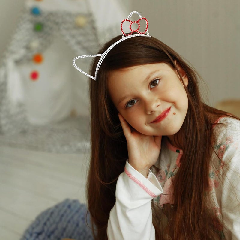 Chanaco Cat Ears Headbands Kitty Party Favors Birthday Decorations Metal Rhinestones Silver Gabby Hair Accessories Red Bow Cat Headpieces Cute Gifts - Image 4