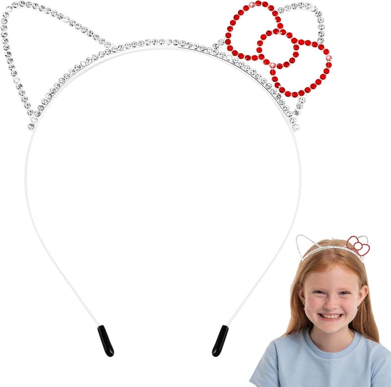 Chanaco Cat Ears Headbands Kitty Party Favors Birthday Decorations Metal Rhinestones Silver Gabby Hair Accessories Red Bow Cat Headpieces Cute Gifts - Image 1