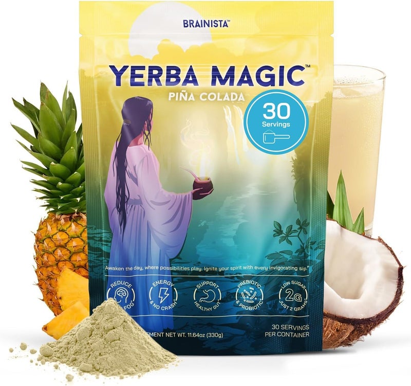 BRAINISTA Yerba Magic Pina Colada - Instant Yerba Mate Tea Powder with Nootropics, Prebiotics & Probiotics for Clean Energy and Mental Clarity - 30 Servings - Image 1