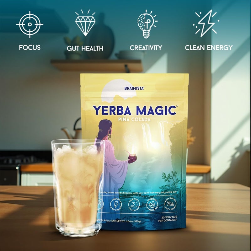 BRAINISTA Yerba Magic Pina Colada - Instant Yerba Mate Tea Powder with Nootropics, Prebiotics & Probiotics for Clean Energy and Mental Clarity - 30 Servings - Image 4