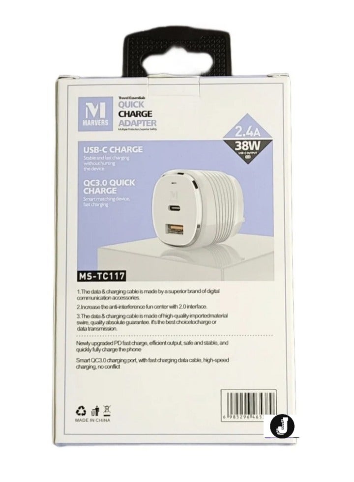 JAJEEK Wall Charger 2.4A 38W – Fast Charging with 1 Type-C Port & 1 USB Port, Compact & Efficient Power Adapter - Image 2