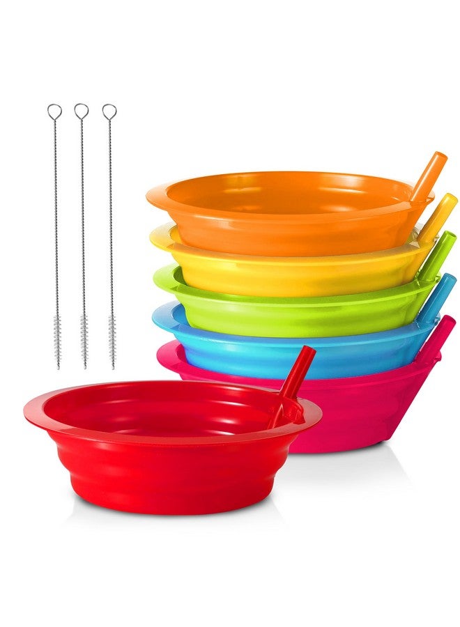 PLASKIDY Kids Cereal Bowls with Straws - Set of 6 Plastic Bowl with Straw For kids BPA Free Dishwasher and Microwave Safe - 22 Oz Toddlers Bowls with Built-In Straws Includes 3 Cleaning Brushes - Image 1