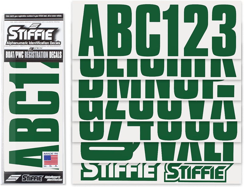 Stiffie ملصقات وأرقام تعريف تسجيل أبجدية رقمية مقاس 3 بوصات من Stiffie Uniline باللون الأخضر الرياضي للقوارب والمركبات المائية الشخصية - Image 2