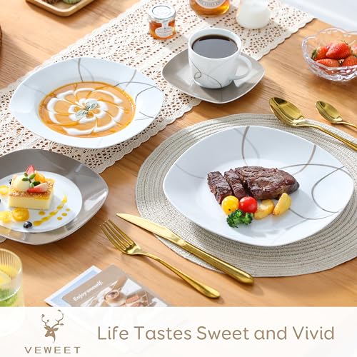VEWEET 'Nikita' 30-Piece Dinner Set Ivory White Brown Lines Porcelain China Ceramic Combination Sets of Dessert Plates/Soup Plates/Dinner Plates/Cups/Saucers Service for 6 - Image 3