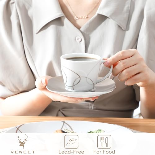 VEWEET 'Nikita' 30-Piece Dinner Set Ivory White Brown Lines Porcelain China Ceramic Combination Sets of Dessert Plates/Soup Plates/Dinner Plates/Cups/Saucers Service for 6 - Image 4