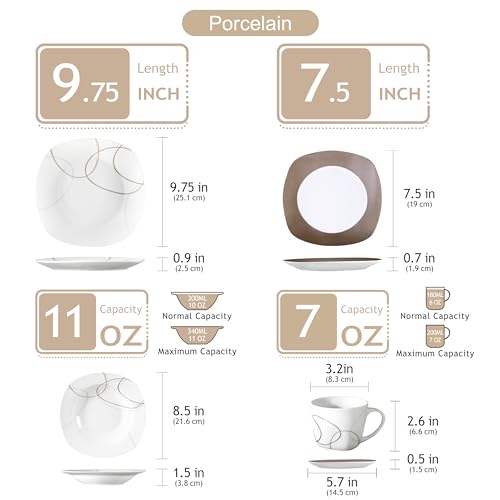 VEWEET 'Nikita' 30-Piece Dinner Set Ivory White Brown Lines Porcelain China Ceramic Combination Sets of Dessert Plates/Soup Plates/Dinner Plates/Cups/Saucers Service for 6 - Image 2