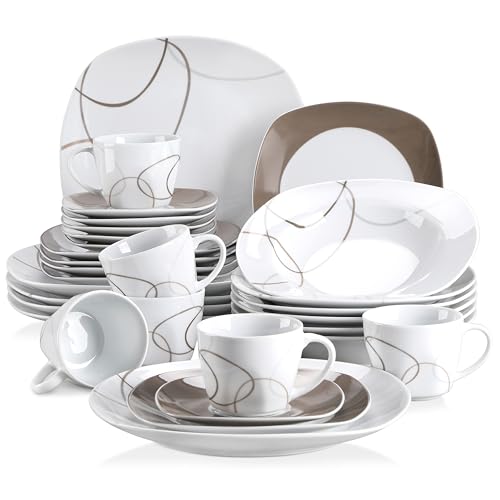 VEWEET 'Nikita' 30-Piece Dinner Set Ivory White Brown Lines Porcelain China Ceramic Combination Sets of Dessert Plates/Soup Plates/Dinner Plates/Cups/Saucers Service for 6 - Image 1